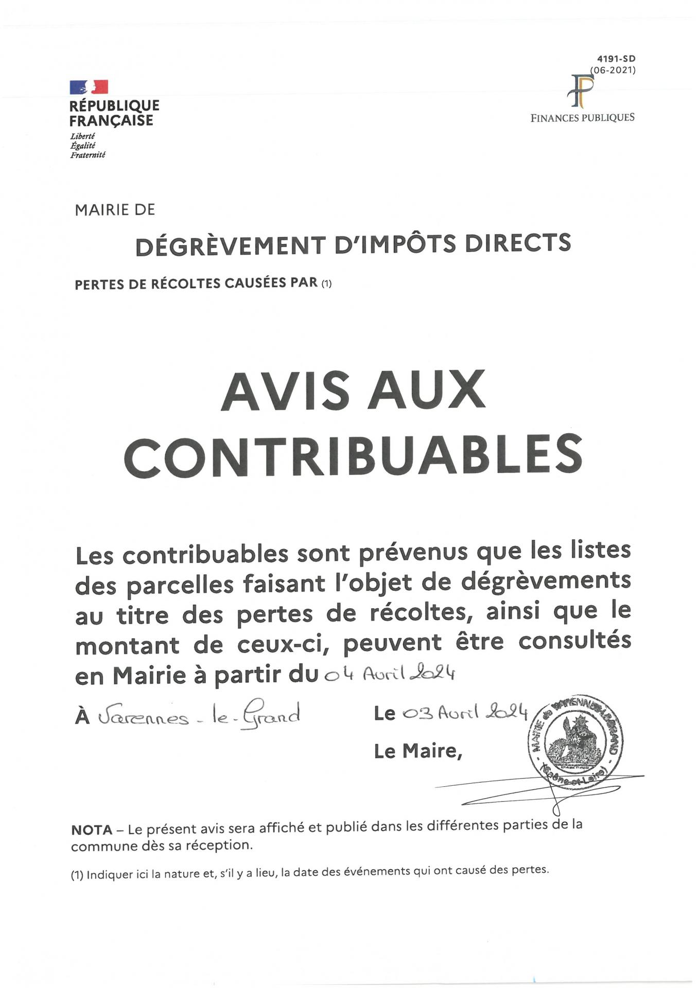 Avis aux contribuables