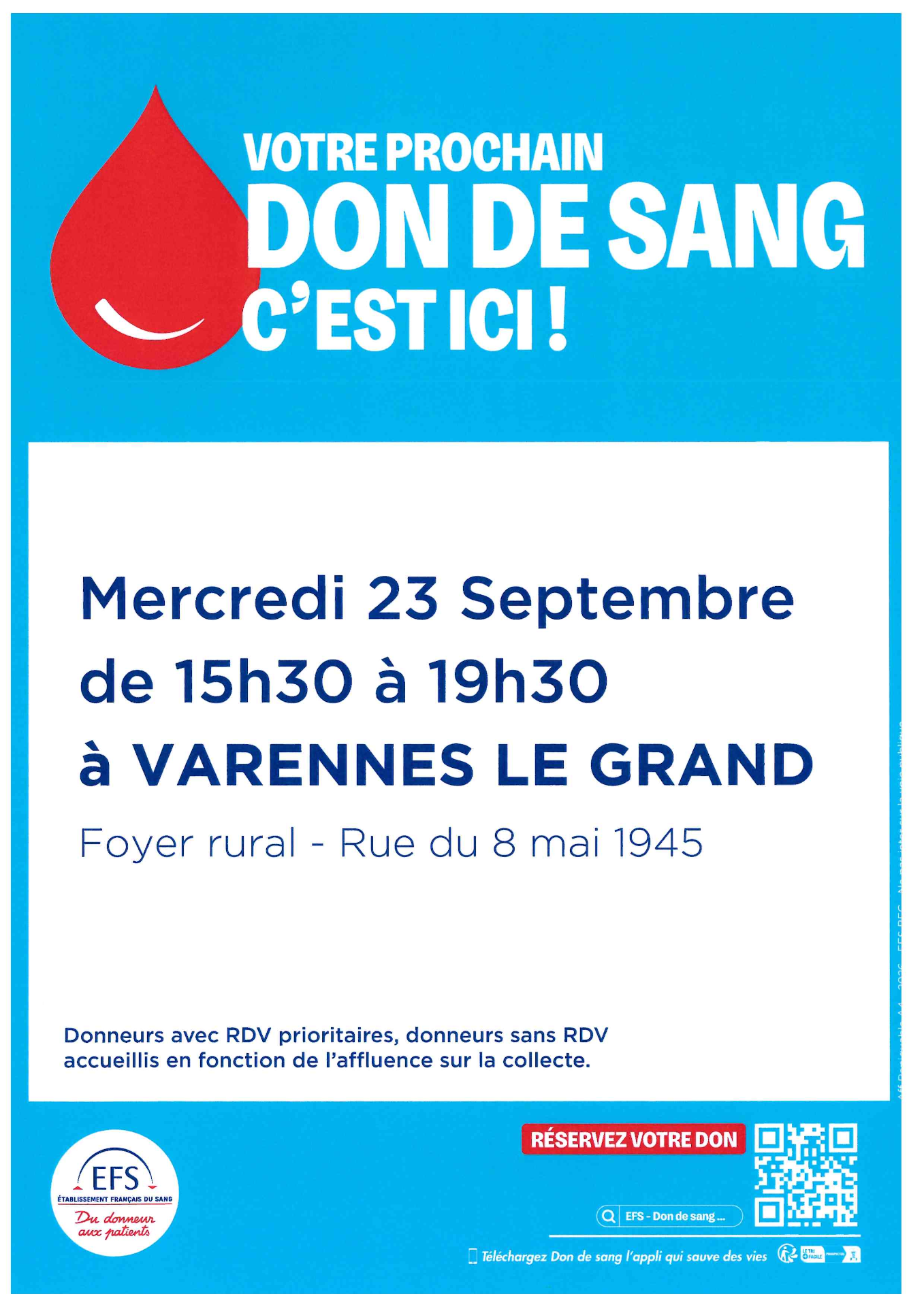 Don du sang le 23 septembre