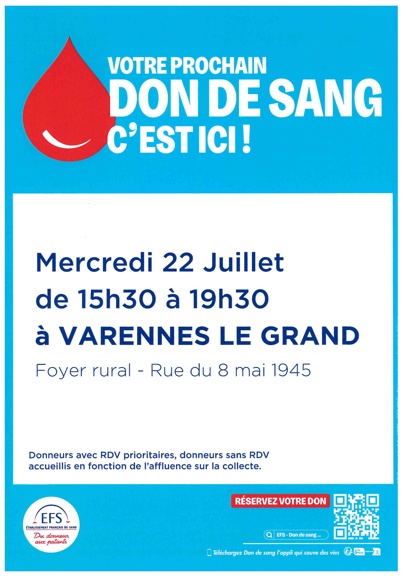Prochaine collecte de sang le 22 juillet