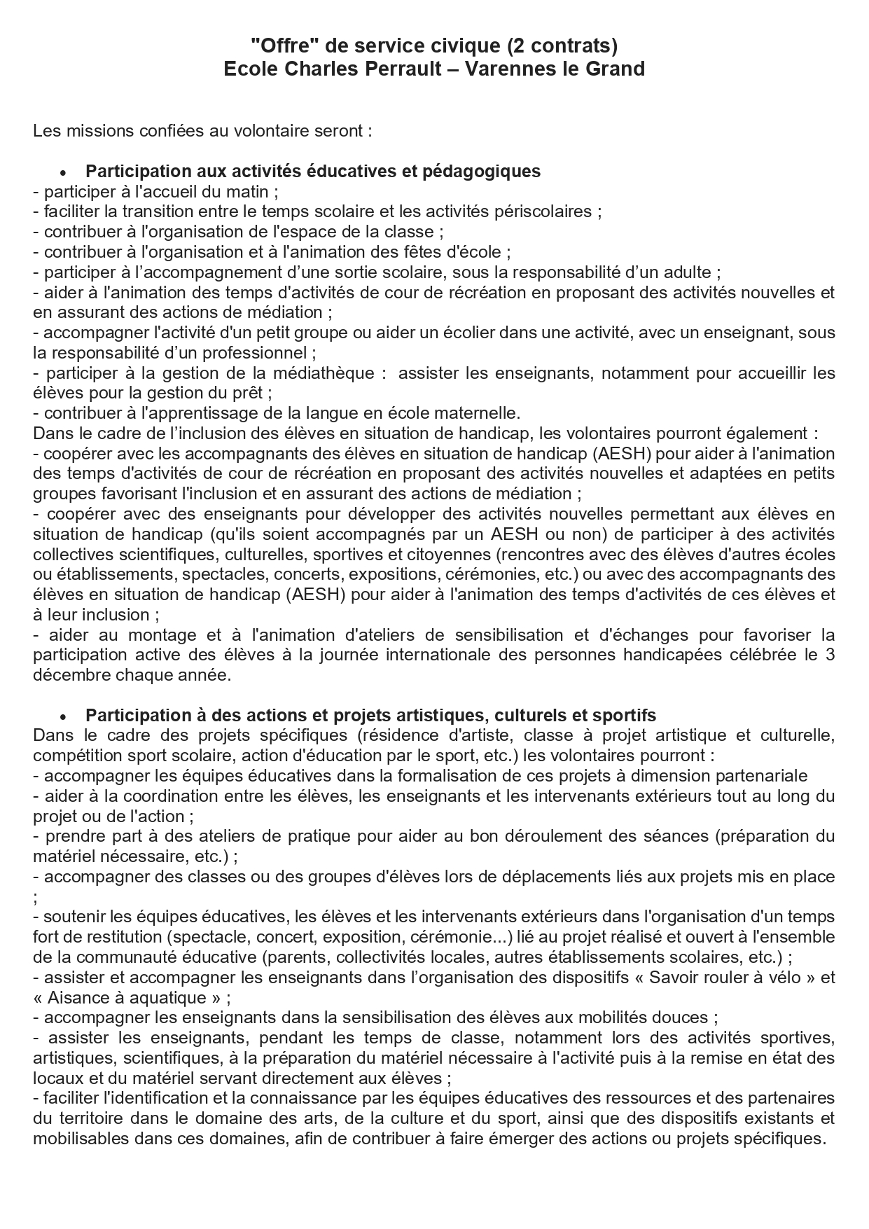 "Offre" service civique - Ecole Charles Perrault à Varennes le Grand
